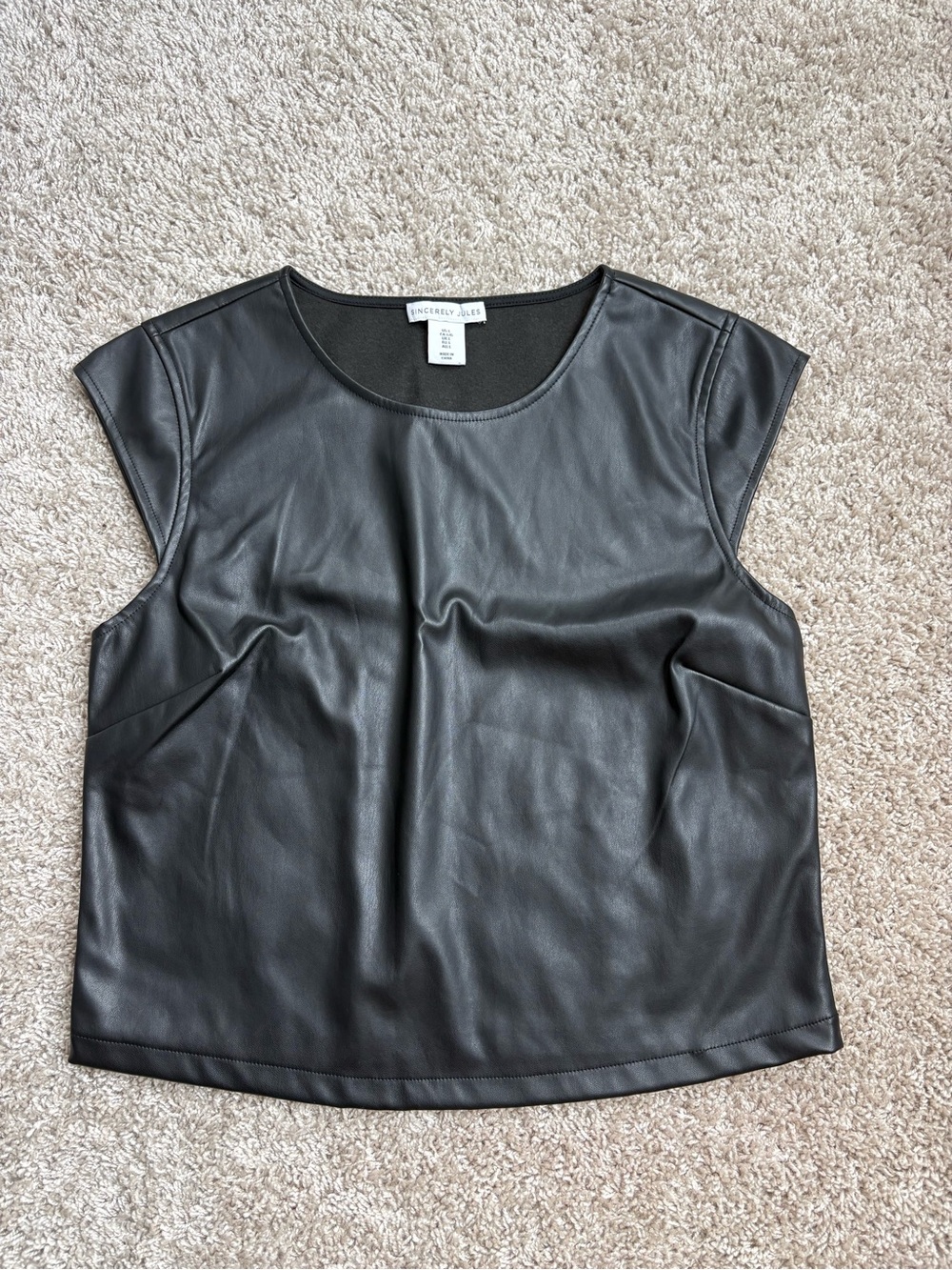 Sincerely Jules Black Faux Leather Crewneck Top